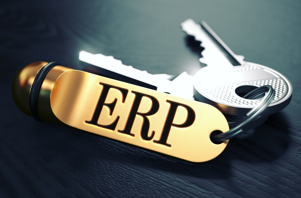 ERP - Enterprise Resource Planning - Concept. Keys with Golden Keyring on Black Wooden Table. Closeup View, Selective Focus, 3D Render. Toned Image.